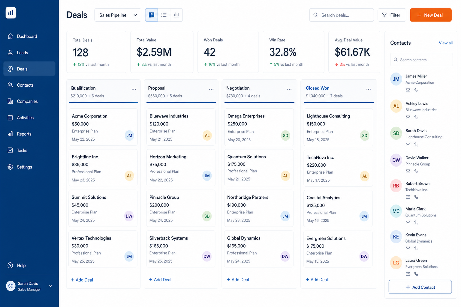 Seven CRM pipeline board with deal stages and follow-up reminders